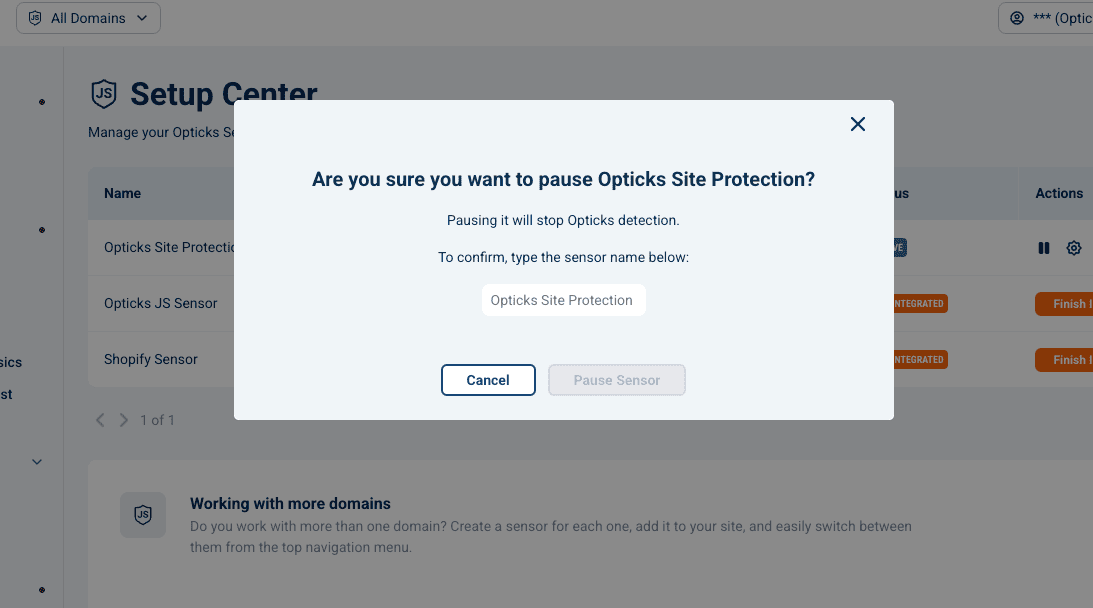 The pause confirmation dialog, with a field to type the sensor name and the Pause Sensor button still disabled.