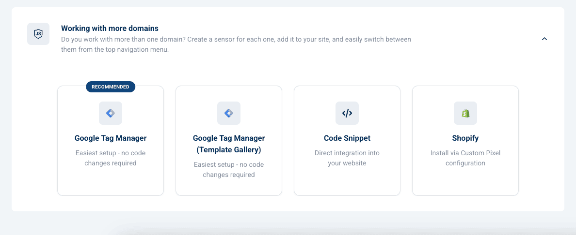The Working with more domains box expanded, showing the four installation methods as cards, with Google Tag Manager marked as recommended.